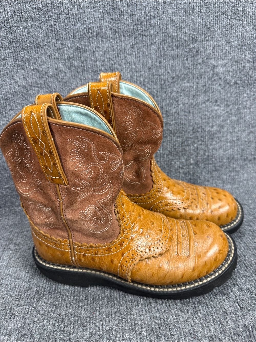 Ariat Fatbaby Leather Ostrich Print Western Two-Tone Boots 6.5B